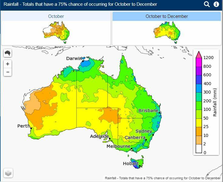 Map showing rainfall totals that have a 75 per cent chance of occuring across Australia from October to December. 