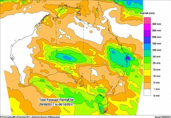 A map showing the total forecast rainfall from September 29 to October 6. BOM forecaster Annabelle Ford said this map was generated by computer models and did not take into account the work of forecasters. Source BOM 