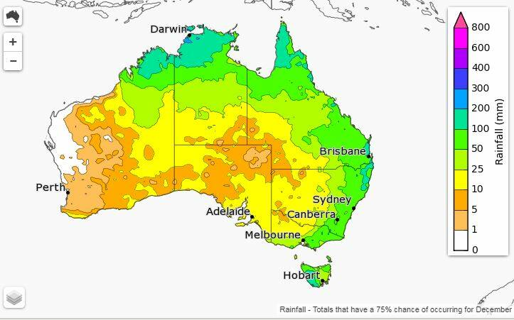 December forcast: Rainfall totals that have a 75 per cent chance of occurring for the month of December. Souce: BOM 