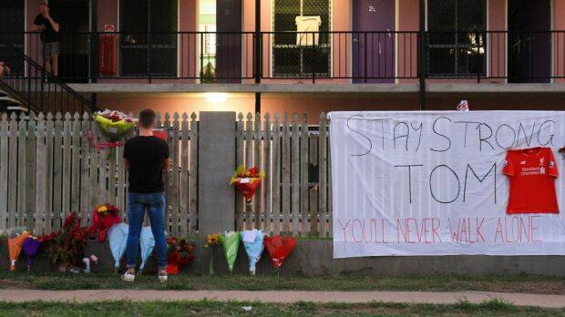 Tributes to victims Mia Ayliffe-Chung and Thomas Jackson were set up out front of the backpackers hostel. Photo: Jorge Branco