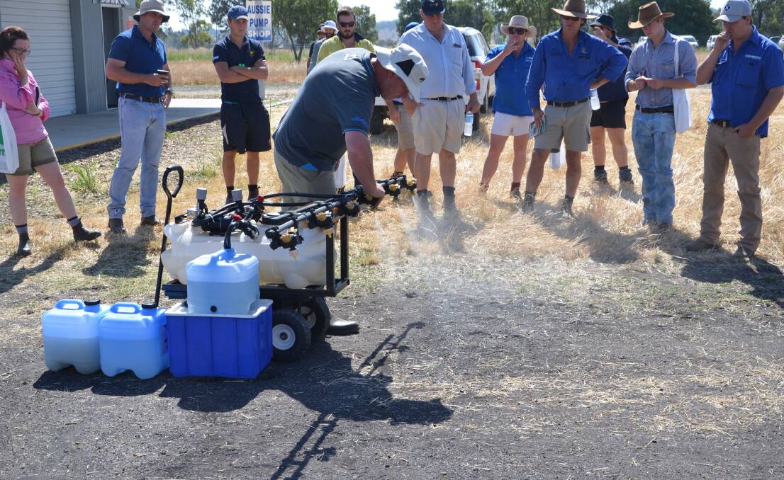 Bill Gordon demonstrates the difference that changing a spray nozzle can make at the SprayWise workshop in Gunnedah. The workshops were held in Emerald, Dalby, Goondiwindi, Bellata, Gunnedah, Warren and Griffith.