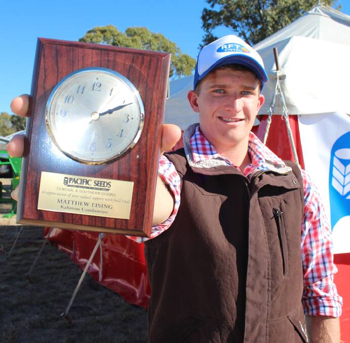Matt Eising, Kahmoo, Condamine, was presented with a trial co-operator award at FarmFest earlier this month. 