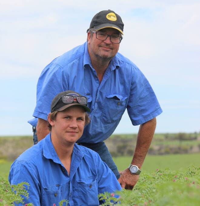 Peter Dearden and his son Jack check out the chickpea crop on Camp Creek, south of Roma, on Tuesday. The crop has started to flower and is podding well. 