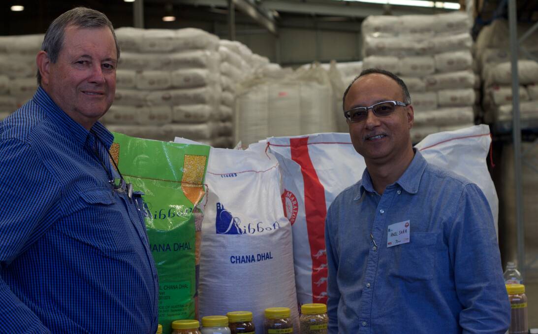 Maralong Milling co-owner Ron Plant and international pulse buyer Anil Shah at the official opening of Queensland’s new chana dahl mill at the Westbrook facility.