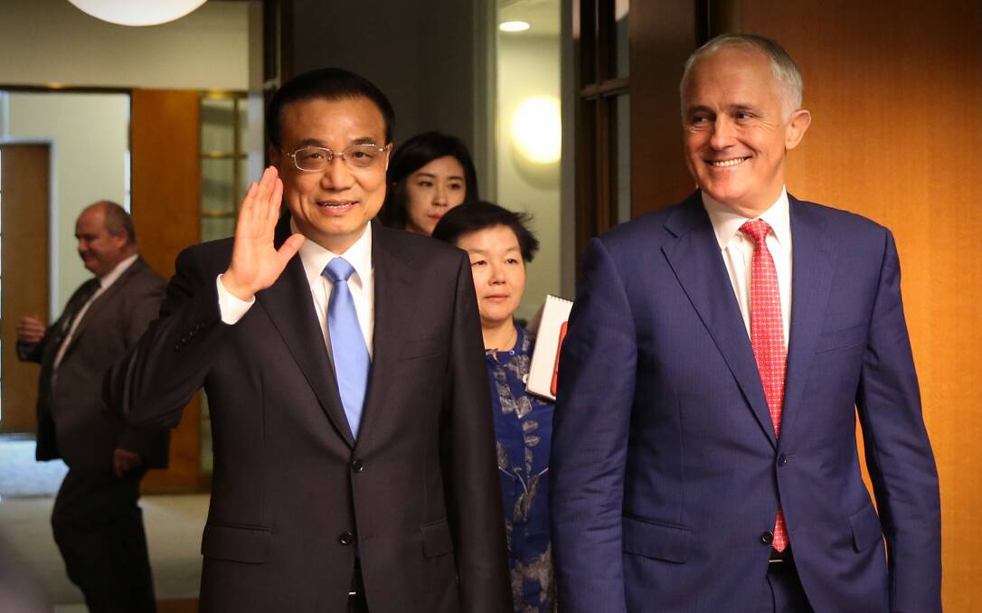 Prime Minister Malcolm Turnbull and Premier Li Keqiang of China at Parliament House in Canberra during trade talks in March. Photo: Andrew Meares