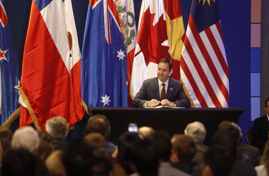 Federal Trade Minister Steve Ciobo singing the TPP-11 last week.