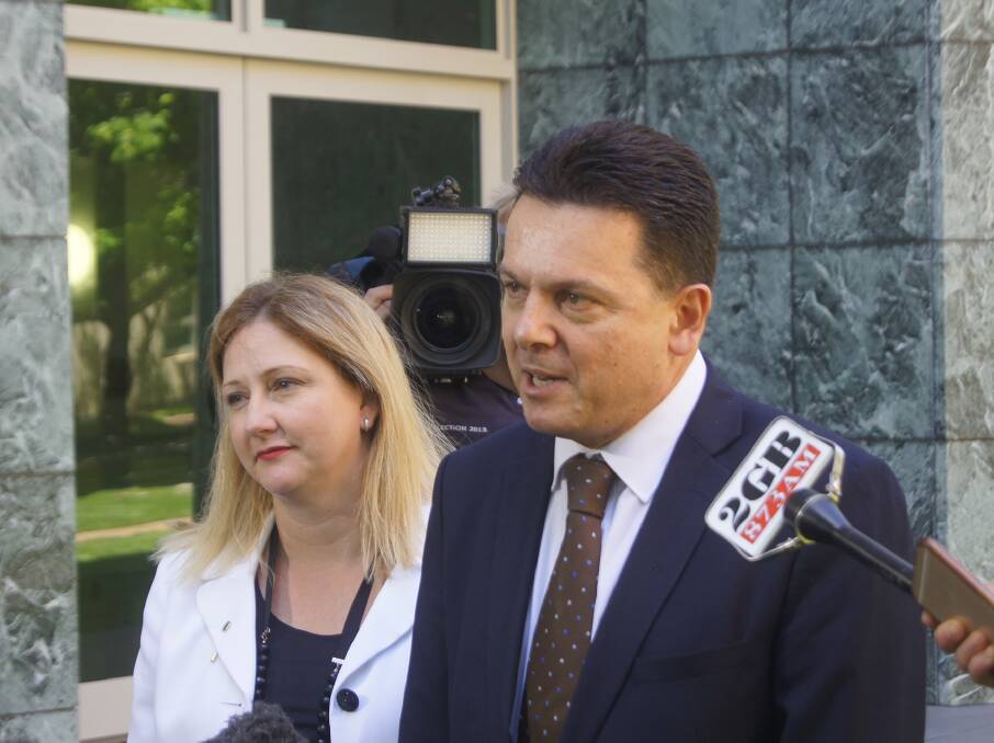 NTX leader Nick Xenophon and the party’s Mayo MP Rebekha Sharkie speaking to media today in Canberra.