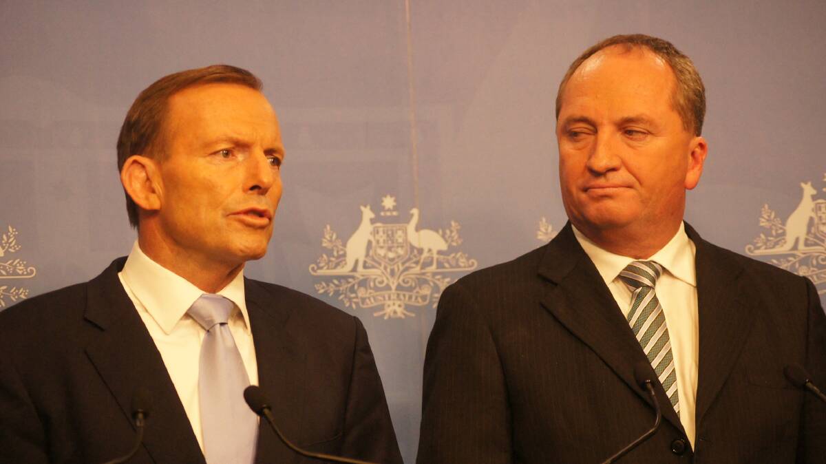 Former Prime Minister Tony Abbott announcing drought support assistance with Nationals leader Barnaby Joyce in 2014.