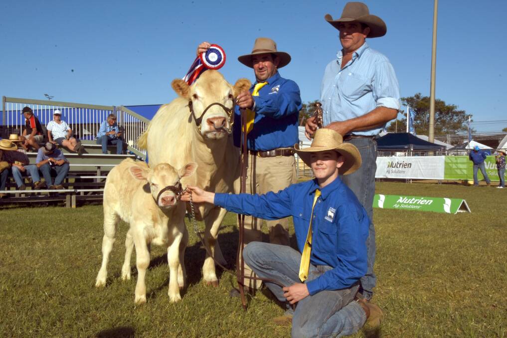 Owner Wayne Hess, Waite A Wyle Blonde d'Aquitaines, Maclagan holds aloft the grand champion female ribbon alongside presenter Liam Dunn, Rockhampton while Beau Stephan, Boonah holds the calf, Vatican. Picture by Ashley Walmsley