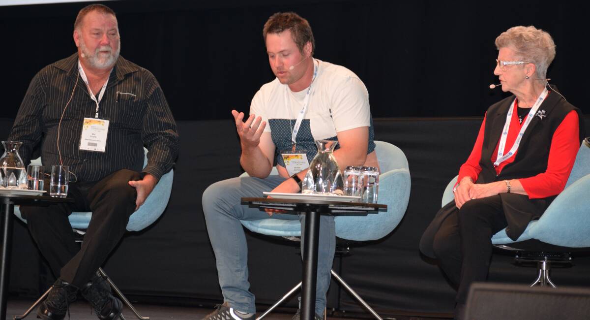 SPEAK UP: Wimmera Uniting Care’s Rural and Remote Engagement (RARE) program worker, Mal Coutts; Young Potato People founder, Stu Jennings; and South Australian president of the Country Women’s Association, Linda Bertram, during a discussion panel on mental health at Hort Connections 2017.