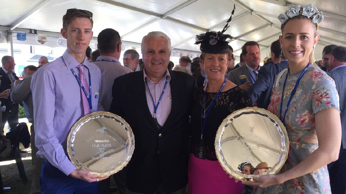  The 2015 and 2016 Cox Plates won by champion mare Winx, held by Jim Tighe and sister Nicole Williams  – son and daughter of senior part owner Peter Tighe, Brisbane – pictured with Terry Nolan, director Nolan Meats, Gympie and wife Jan.