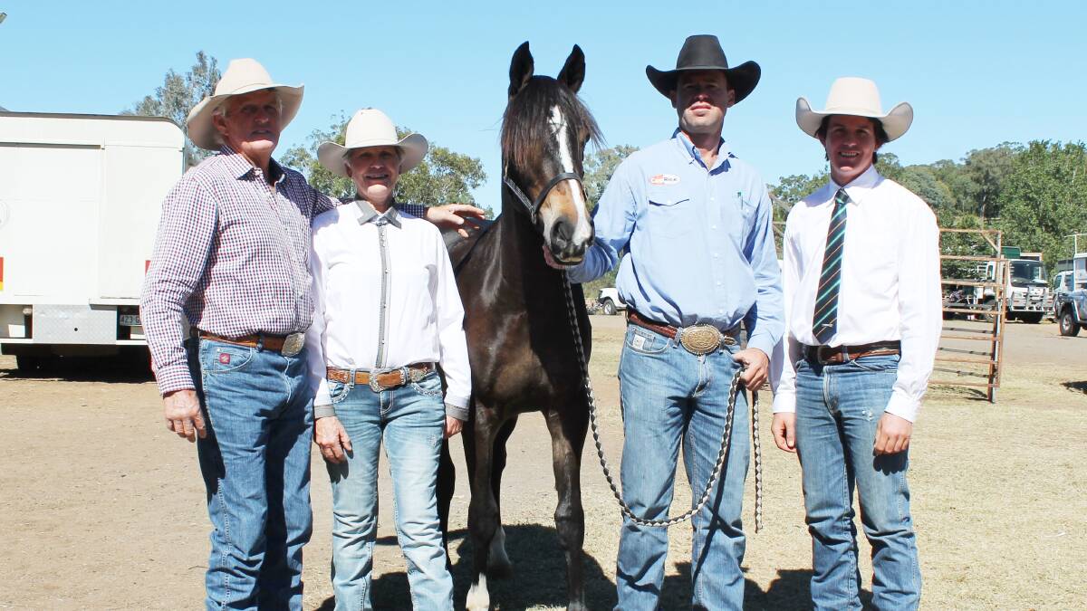Phillip and Gloria McCormack, Clearchoice Stock Horses, Ben Lomond, NSW sold their led yearling filly, Clearchoice Contiki for the $31,000 record Landmark Supreme Toowoomba Horse Sale money to Rob Leach, Rob Leach Equine, Tamworth NSW as Simon Booth, Landmark, Toowoomba looks on.