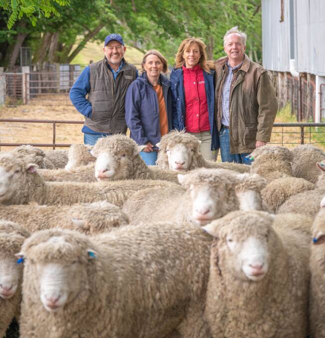 Carwoola Pastoral Company owners Bronwyn Darlington and Rob Purves general manager Darren Price and wife Lyndie, with some of their Dorset rams.