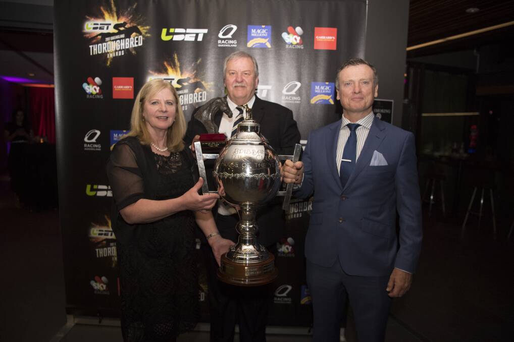 Horse of the Year: Trainer David Vandyke (right) and Yankee Rose part-owners Christina McGee and Brian Pope receive the trophy. Picture: Michael McInally/RQ.