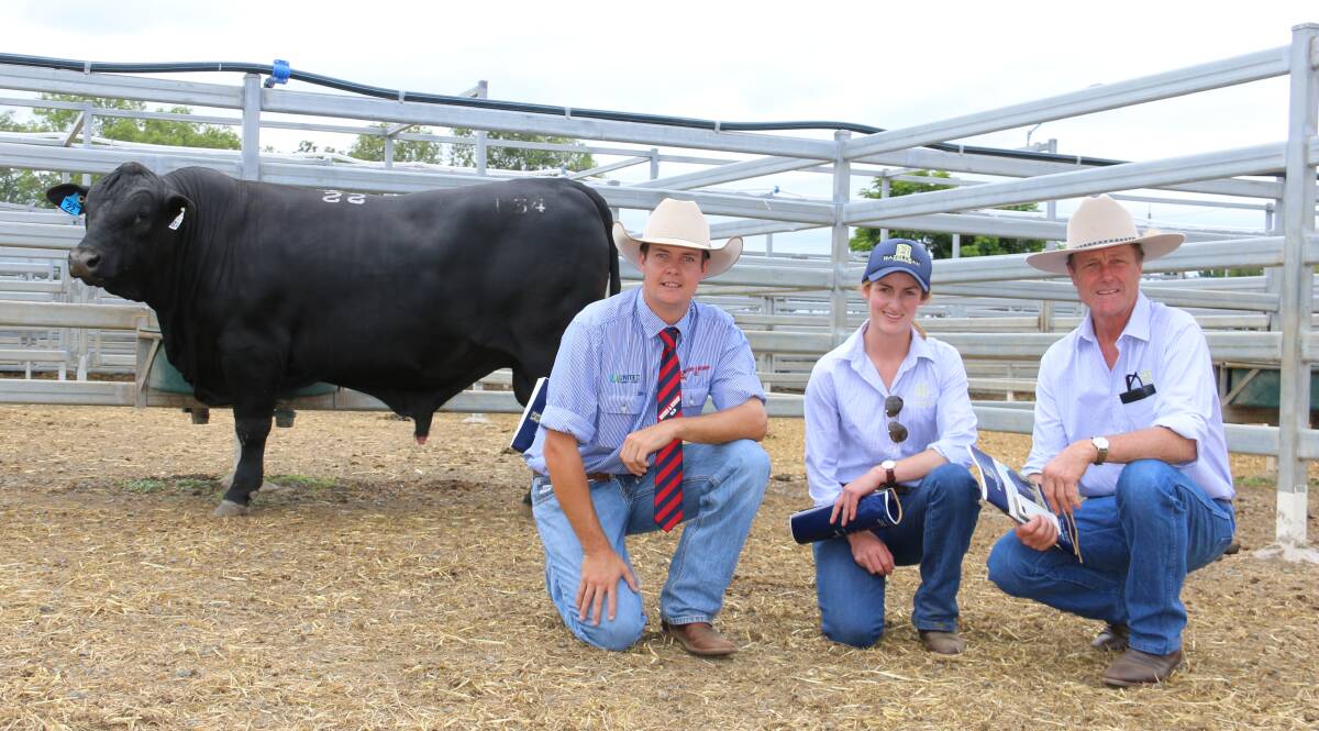 SALE TOPPER: Jake Passfield, Hourn & Bishop, with Bea Litchfield her father Jim Litchfield, Hazeldean and top-priced Hazeldean SK034. Picture: Julie Sheehan