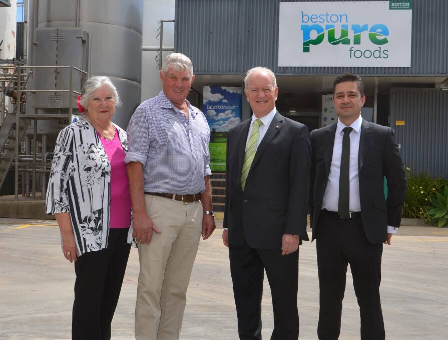 BIG DAY: Former UDP suppliers Cathy and Michael Lewis, Shadamah Farms, Tintinara, took advantage of the opening to look through the factory. They are pictured with BGFC chairman Roger Sexton and CEO Sean Ebert.