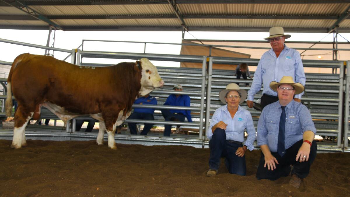 $17,000 top price bull Blue Dog Longbeach with vendors Jan and Doug Bradshaw (standing) with Mark Duthie, GDL Stud Stock representing  Tom & Lizzie Baker, Woonallee Simmentals, Furner, South Australia.   