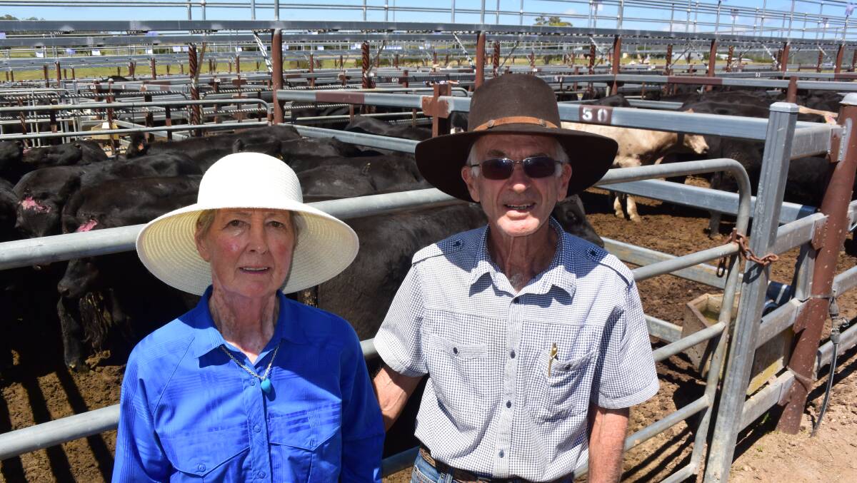 Lorna and Lex Patterson, Legume, with milk tooth Angus, 403kg, which sold to Wyallah feedlot for 308c/kg or $1241 at Tenterfield on Thursday.