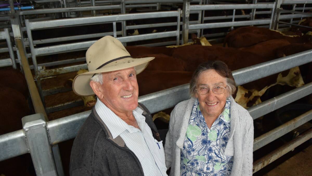 Walter and Joy Whitney, who run cattle on good scrub country at Old Bonalbo, with a pen of milk tooth Hereford steers, 20 months, that weighed 472kg and fetched 297c/kg or $1405, selling to Jackson Agriculture's New England Tablelands' venture for grass-fed finishing.
