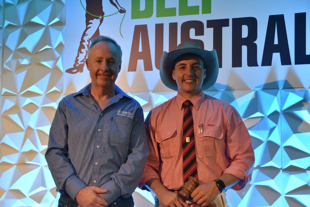 Joe Grose, 3D Genetics, Bukkulla, NSW, sold the top selling Wagyu heifer, lot 16A, 3D Genetics S0080, for $60,000. He is pictured with Elders' stud stock's Lincoln McKinlay. Picture: Ben Harden 
