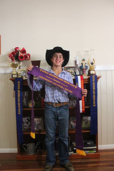 Billy Goetsch won the Royal Queensland Show carcase competition and was presented with a purple ribbon.