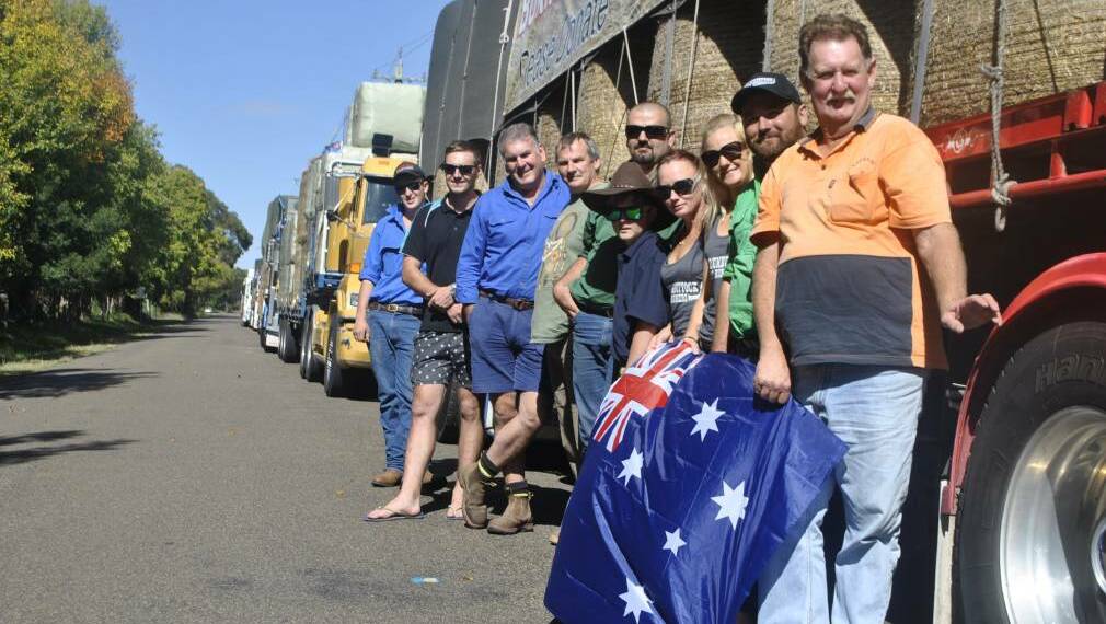 Kevin Henderson, Graeme O'Donnell, Samantha Willis, Heath Willis, Jake Willis, Leah Byrne, Joel Lidgard, Ray Lidgard, Beau Moran and Henry Haylock were among the many generous drivers and families who embarked on the Burrumbuttock hay run. Photo: Emily Bennett