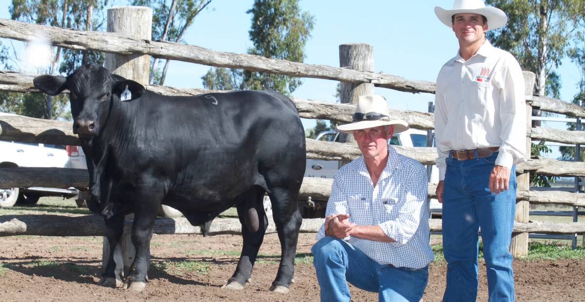 Buyer Trevor Jorgensen and Lindsay Barlow, Triple B Stud with top selling bull - $13,000 Triple B K200 (AI).
