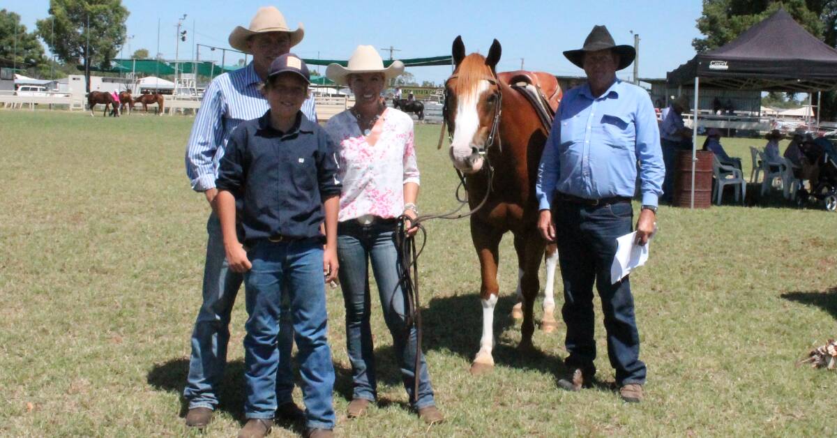 SALE TOPPER: Rick and Riley Young, Lauren Brownlie and Greg Joliffe, Riveroak, Mitchell paid $12,500 for top priced horse Amaroo Unique Kid Reg AQHA gelding.