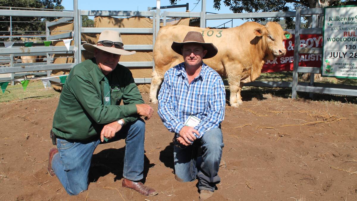 The $13,500 top selling Charbray bull, Wellcamp 264 with buyer Michael Connolly, Emjay Charbrays and vendor Anthony Curtis of Wellcamp Charbrays.