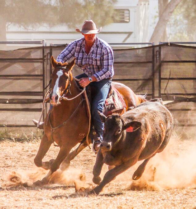 DUST FLIES: Generous cattle donor to Roma Golden Hobbles, Bill McLean riding Chad. - Picture: Sue Waldron