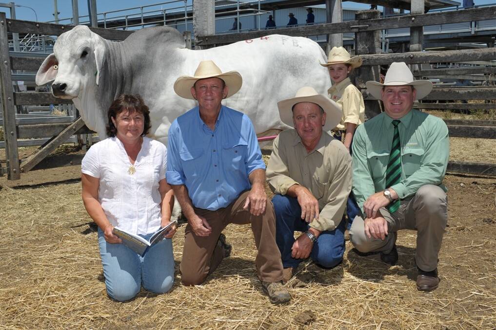 Paying a top price of $72,000 for FBC El Toro Manso was Julie and Don Hurrell, HH Park Grey Brahman stud, Gympie with vendor Tony Fenech and grand daughter Rory Fenech, Fenech Brahmans, Wowan, with selling agent Mark Scholes, Landmark. Photo: RODNEY GREEN