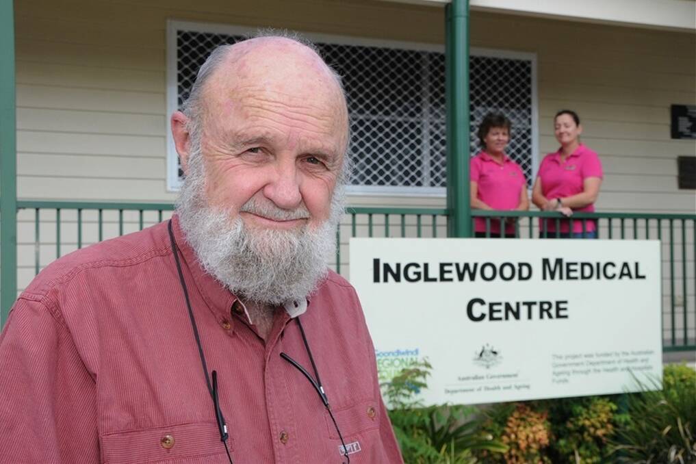 Longest serving Queensland Health employee, Dr. Colin Owen, has been practising for 57 years and based in Inglewood at the Medical Centre for the past 47 years. Pictured with Dr Owen are Inglewood Medical Centre receptionists Jackie Howey and Lisa Harrison.