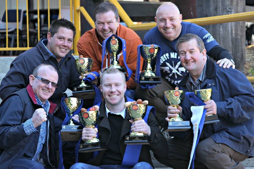 Queensland's newest Sausage Kings, clockwise, from left: Tim Duggan, Mundubbera, Christopher Keehn (on behalf of Jack Purcell Meats), Cliff Dahtler, Biloela, Don Cameron, Airlie Beach, Rob Ashton, Pittsworth and Phil Smith, Newstead. Picture: BRAD COOPER.