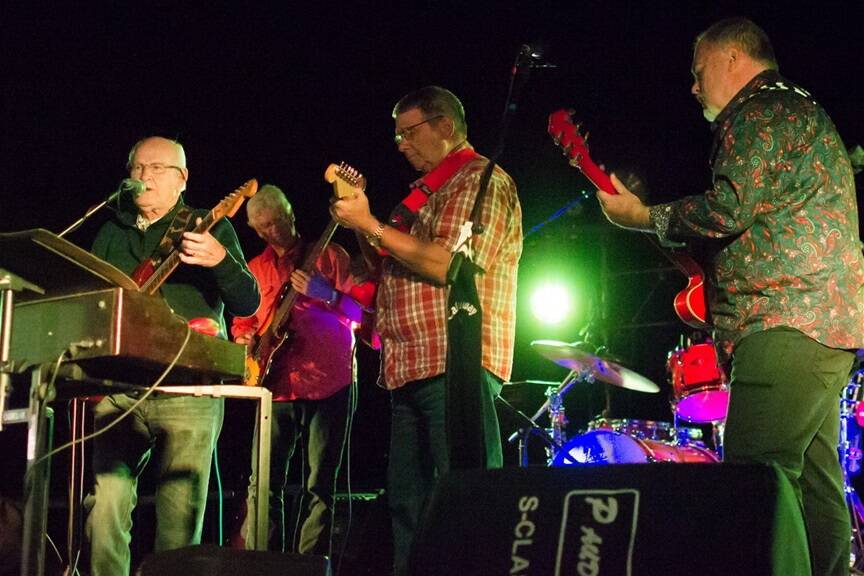 The old rockers in full flight at the Barcaldine showgrounds at the launch of the Bullring Music project.