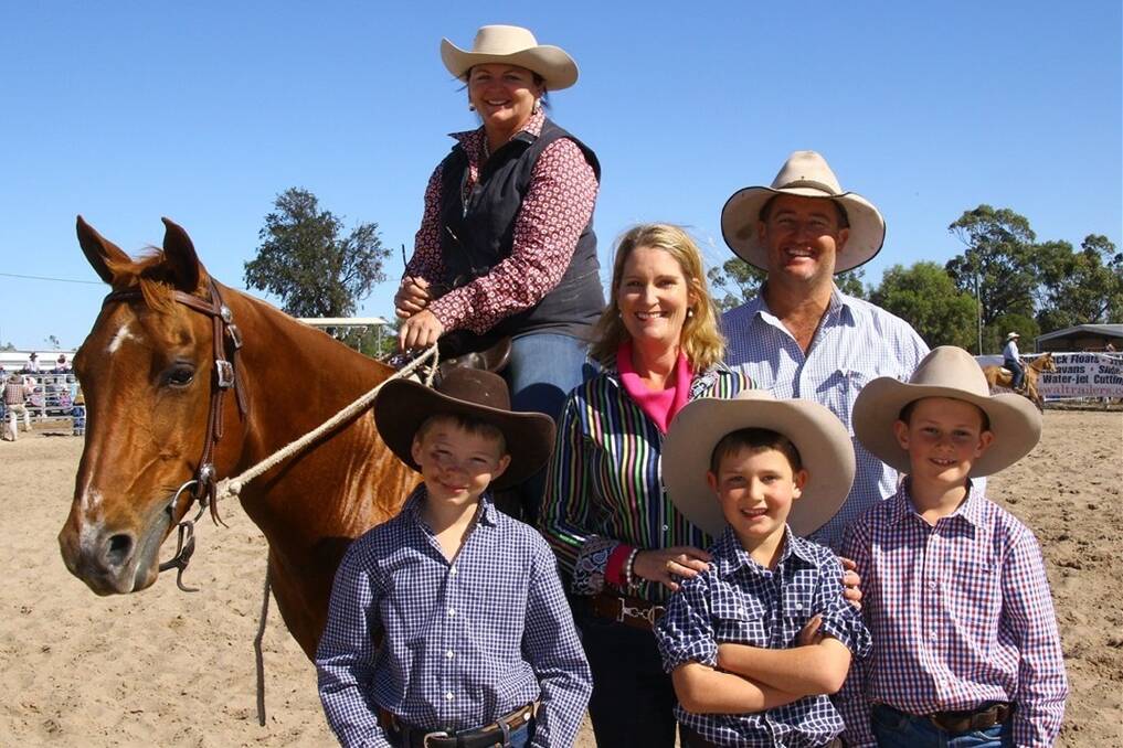 Topping the 2014 Ag Grow Premier Invitational horse sale, Lisa Hutchinson sold Yugilbar Royal Peppy Roy, an 11 year old mare, to the Dendle family for $20,000. Ms Hutchinson and her son, Mitch Porter (on left) are photographed with the purchasers, Brad and Belinda Dendle and their children, Jack and Clay.