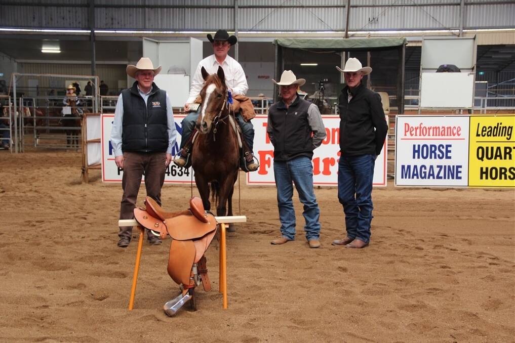 National Cutting Horse Association GM Greg Sinclair, with Snafflebit Futurity winner Michael Boyce, Warwick, on Two Bob An Acre, and judges Terry Burns, Ballarat, VIC and Rus Benson, Beaudesert.