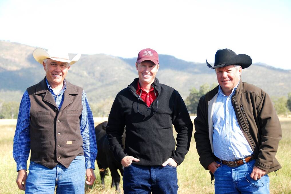 Stephen Pearce of Telpara Hills Brangus (centre) discusses marketing opportunities for Australian Brangus genetics to prominent USA producers Vern Suhn (left) and Joe Cavender (right).