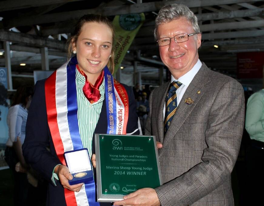 National young judges Merino sheep winner Felicity Brumpton is congratulated by Queensland Governor Paul de Jersey.