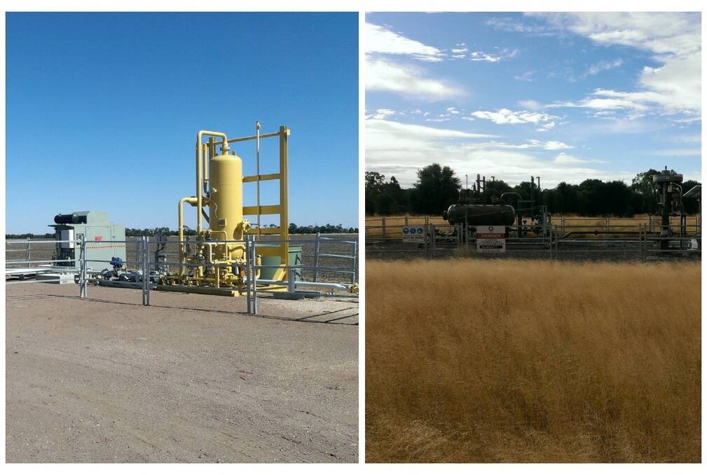 The contrast between a QGC and Origin coal seam gas well on Mr Uebergang’s property Berwyndale, at Miles.