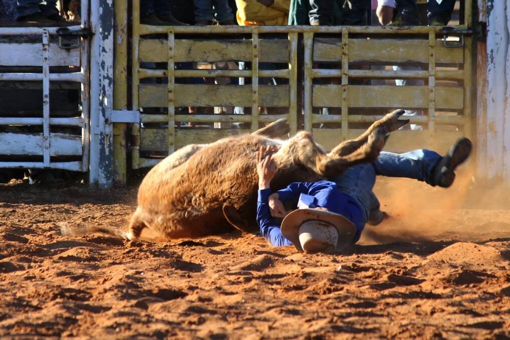 Cameron Nunn wrestles his calf to the ground in the chute dogging event.
