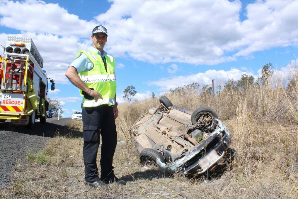 Brisbane Senior Constable Daniel Owttrim is pushing the road safety message after two drivers were lucky to walk from separate single-vehicle rollovers near Kilkivan, one of whom is believed to have fallen asleep at the wheel.
