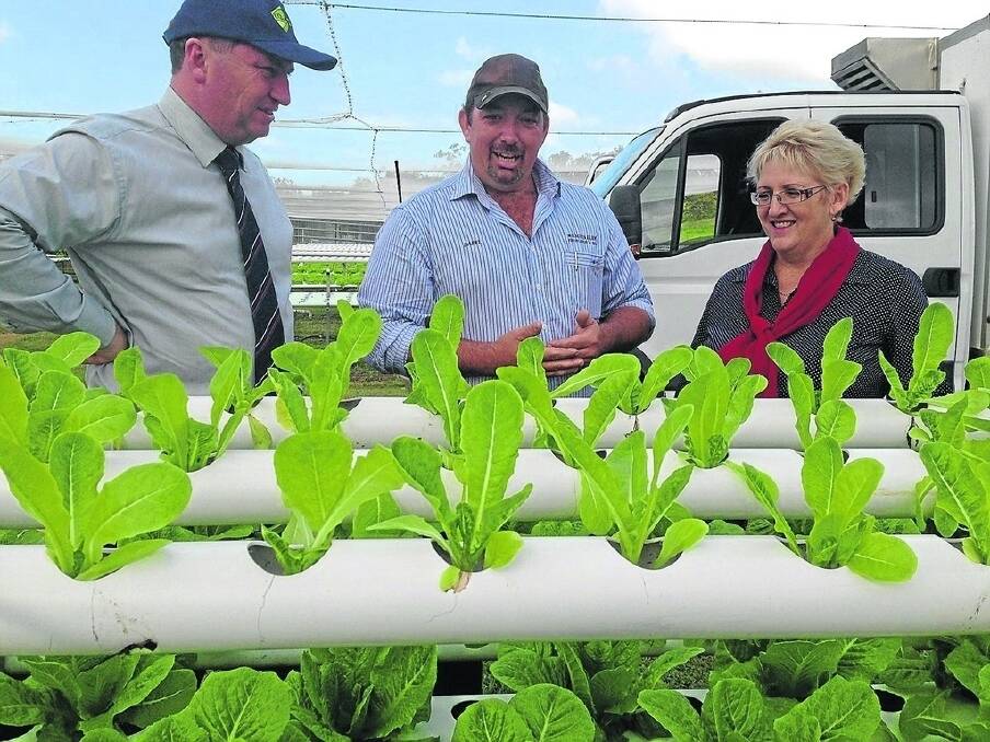 Agriculture Minister Barnaby Joyce, hydroponic lettuce grower Darly Wilon, Emu Park, and federal Member for Capricornia Michelle Landry.