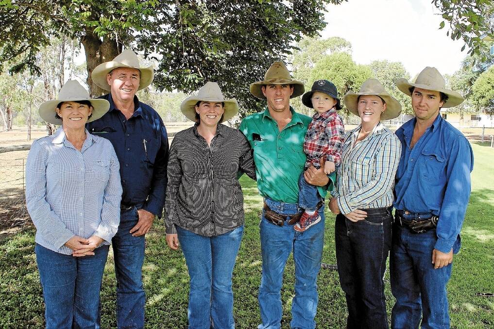 Buyers Mal and Sue Burston (left), Broadlea Station, Moranbah with daughter and son-in-law Jess and Troy Russell, grandson Mason, daughter Ellise Burston and partner Sam Galea. 