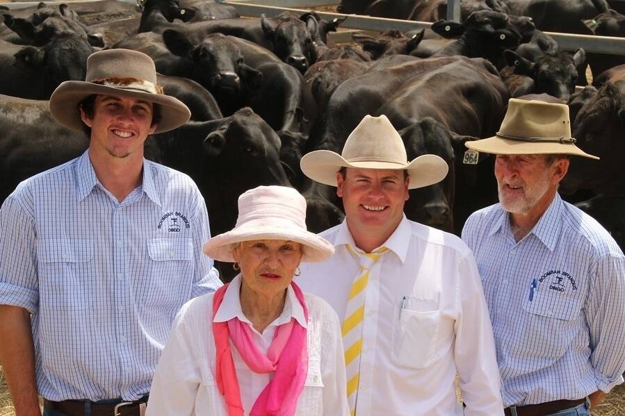 The commercial arm of the annual Rockhampton Brangus sale topped at $1280 per head for a pen of 12 no 3 heifers which were purchased by John (absent) and Sue (centre) Joyce, Dalkeith Downs, Gracemere. Mrs Joyce is pictured with vendors, Tony and Bryce Fernie (right and left), Boombah, Dingo and Ray White Rural representative, Tim Flynn.