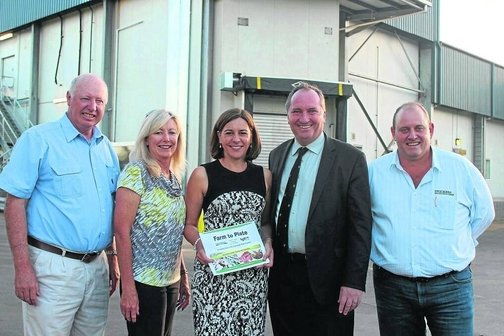 Swickers co-owners Brian and Jenny McLean, Member for Nanango Deb Frecklington, Agriculture Minister Barnaby Joyce and Swickers general manager operations Linchon Hawks. Picture: Melody Labinsky.