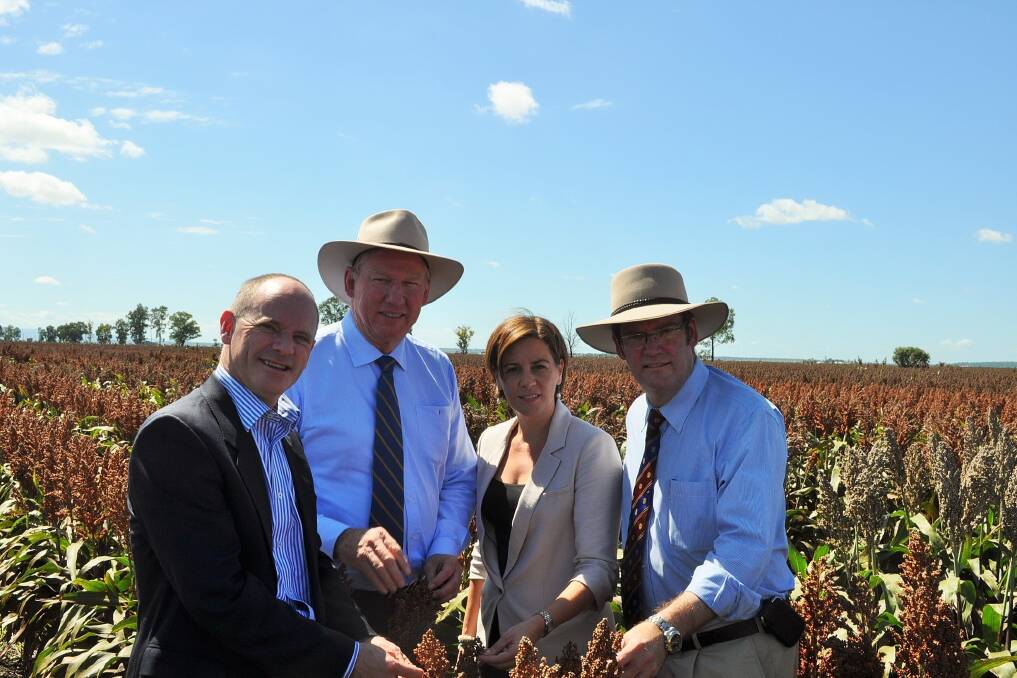 Premier Campbell Newman; Deputy Premier and Minister for State Development, Infrastructure and Planning Jeff Seeney; Member for Nanango and Assistant Minister to the Premier Deb Frecklington; and Minister for Agriculture, Fisheries and Forestry John McVeigh in a sorghum paddock at Dalby.