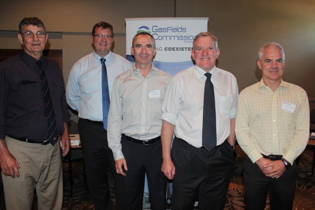GasFields Commission's John Cotter, state Member for Toowoomba North Trevor Watts, QGC managing director Mitch Ingram, federal minister for industry Ian Macfarlane, and Santos Queensland vice president Trevor Brown.