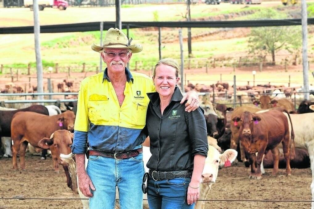 Smithfield Feedlot founder Robert Smith and his daughter Barb Madden celebrate the Pat Dempsey Memorial Prize for Woolworths livestock supplier of the year.