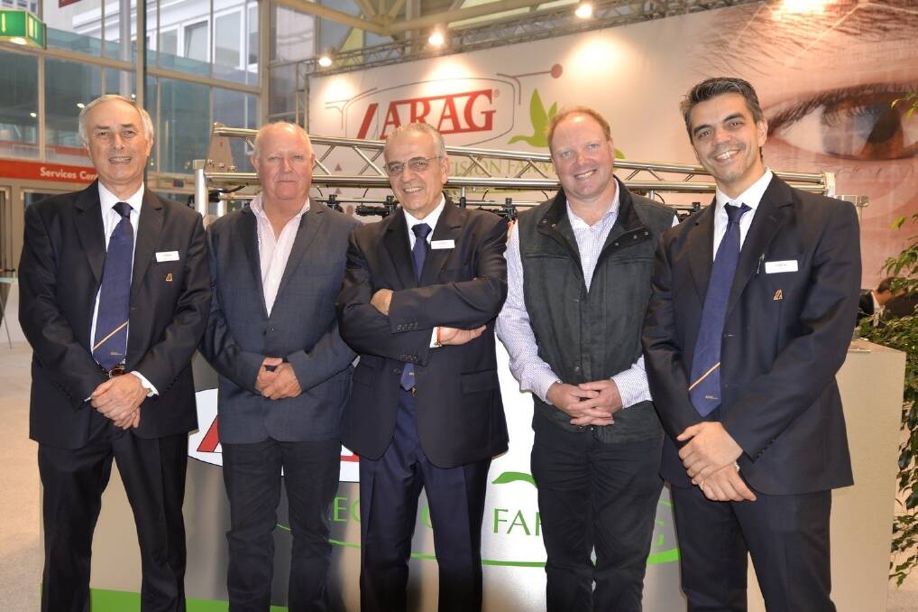 Arag technical manager Alberto Garuti, KEE founder Kym Eldridge, Arag president Giovanni Montorsi, Paul Fischer and Arag export area manager, Andrea Montorsi at the announcement of the joint venture that launched Arag Australia during the EIMA expo in Bologna.