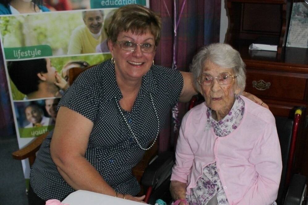 Queensland's oldest resident, former Kingaroy dairy farmer Evelyn Vigors, celebrates her 109th birthday with her granddaughter Jenny Noble, Toowoomba, formerly Taroom.
